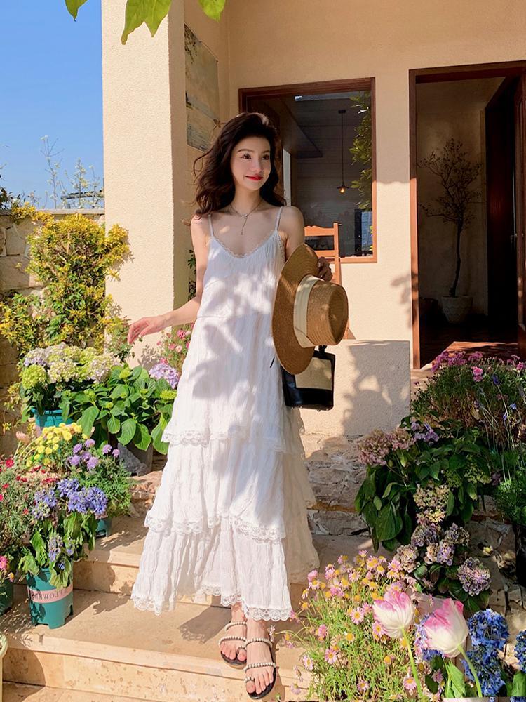 French Style White Sling Maxi Dress Elegant Beach Holiday Dress