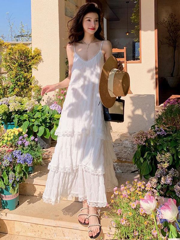 French Style White Sling Maxi Dress Elegant Beach Holiday Dress