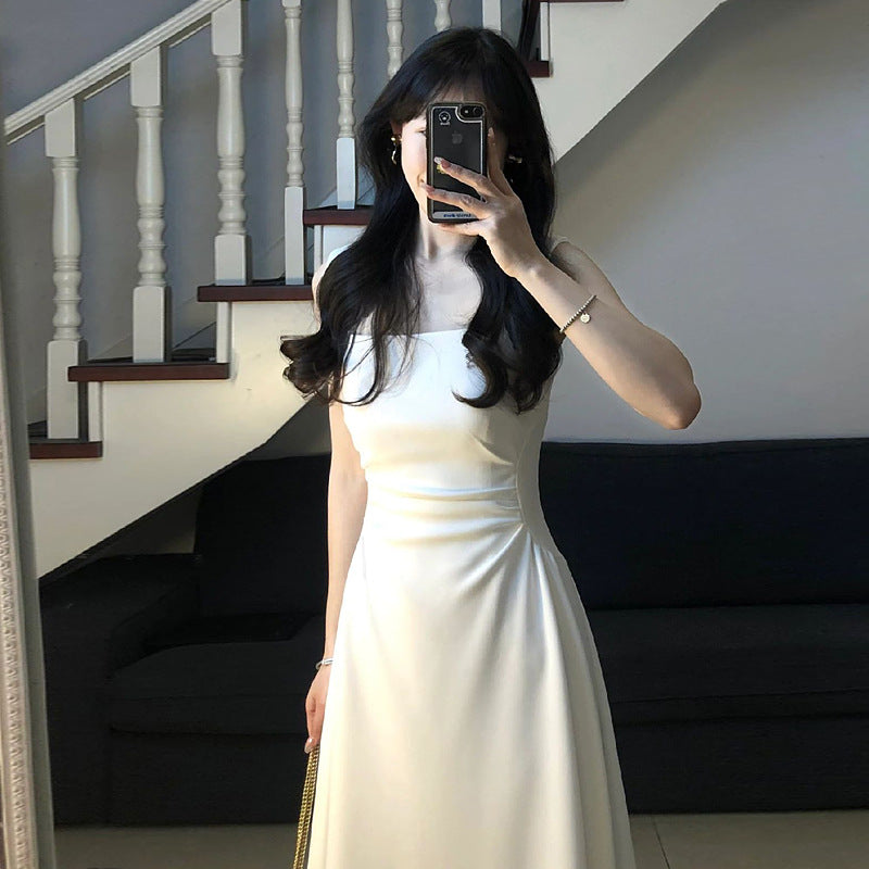 French Waist-Cinching White Spaghetti Strap Maxi Dress