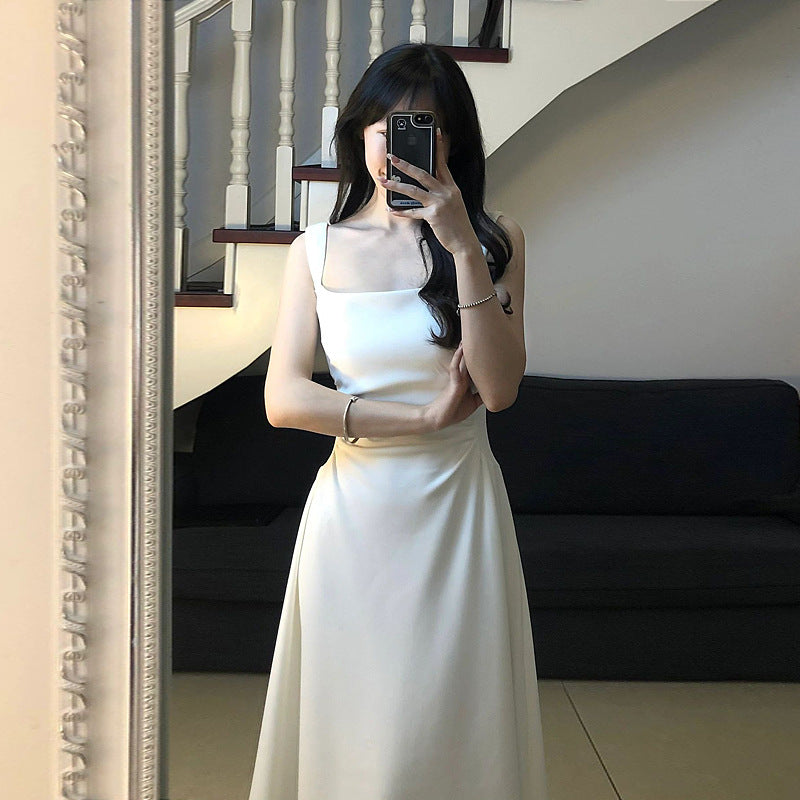 French Waist-Cinching White Spaghetti Strap Maxi Dress