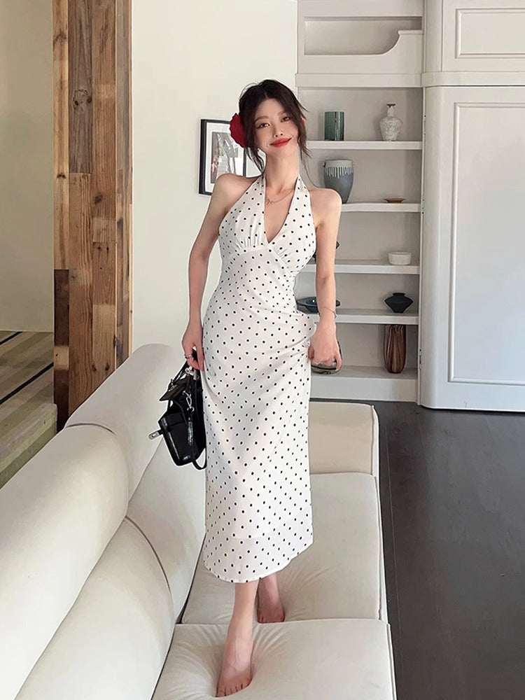 French Halter Neck Backless Polka Dot Resort Maxi Dress