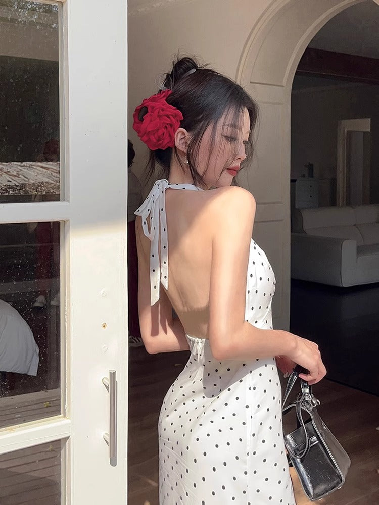 French Halter Neck Backless Polka Dot Resort Maxi Dress