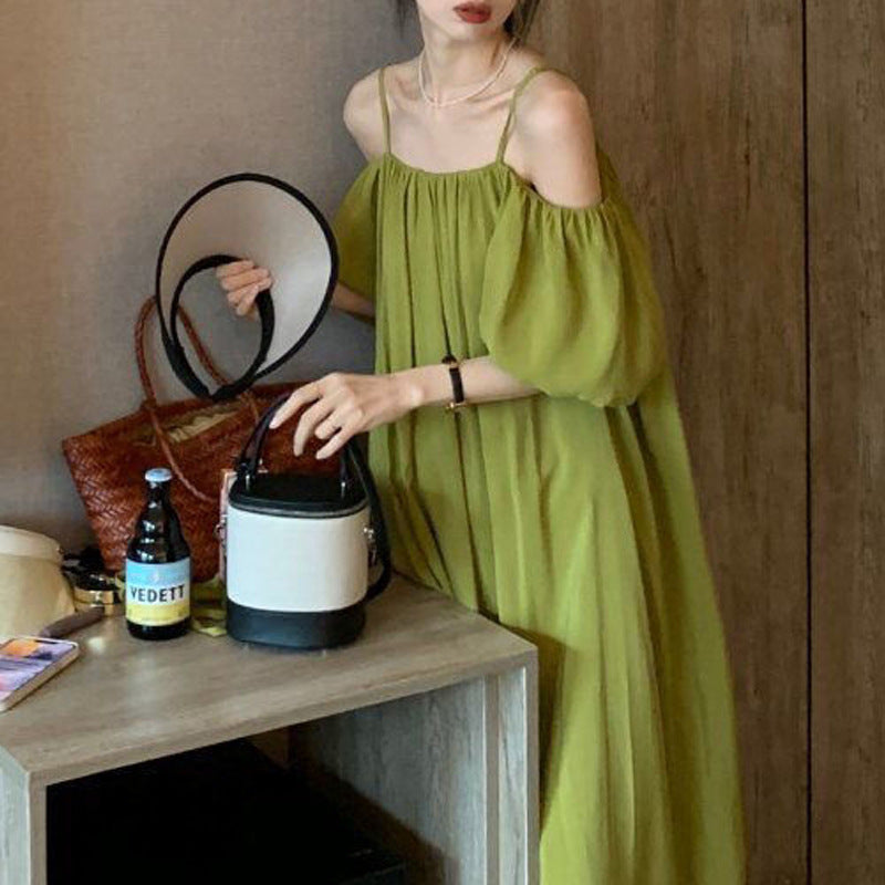 Green Off Shoulder Maxi Dress Elegant French Beach Style