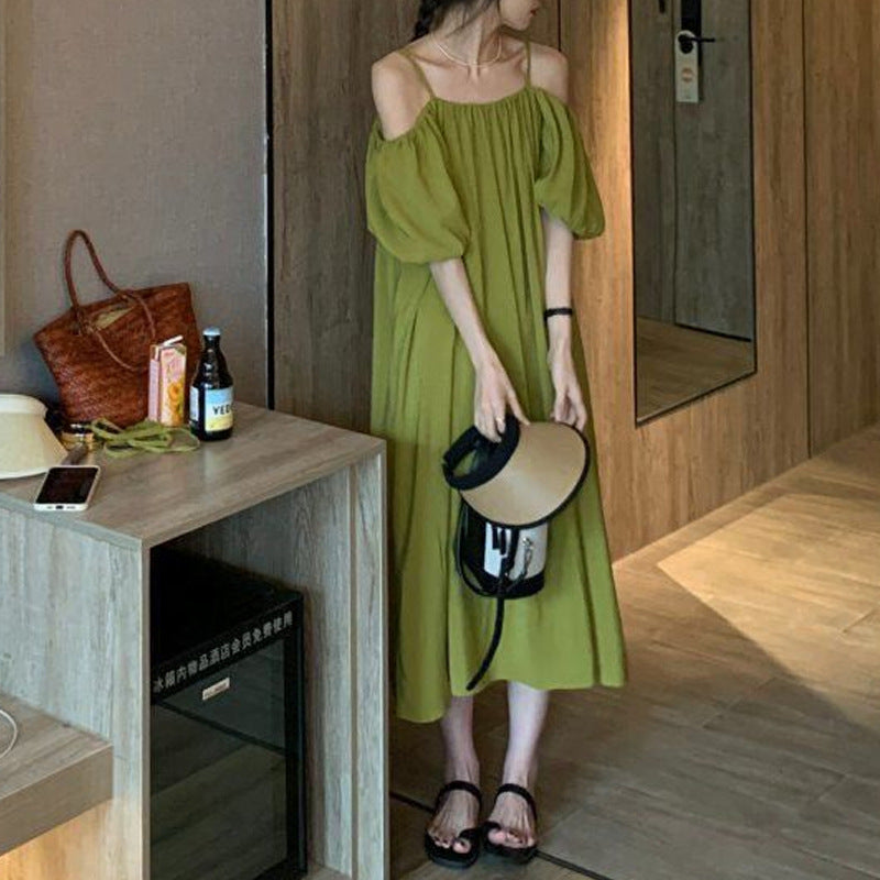 Green Off Shoulder Maxi Dress Elegant French Beach Style