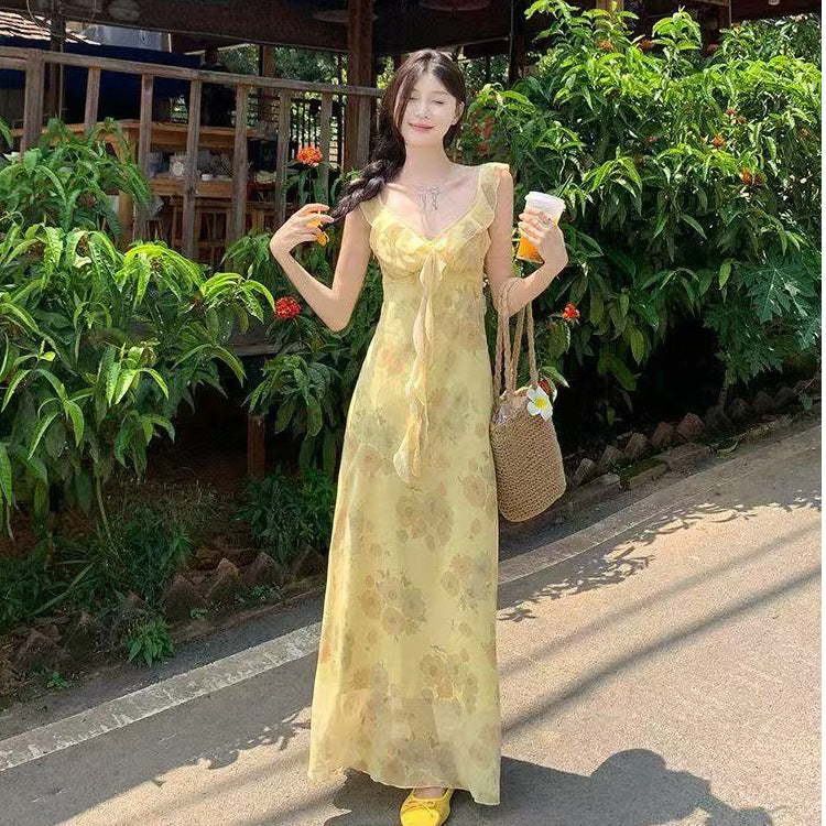 French Retro Floral V Neck Maxi Dress with Ruffle Waist