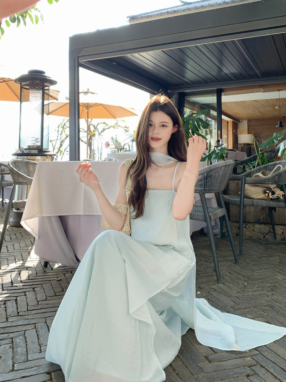 Mint Green Spaghetti Strap Maxi Dress French Resort Style