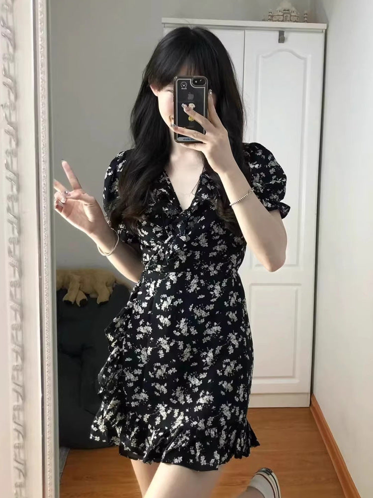 French Floral V Neck Mini Dress Elegant Hepburn Style