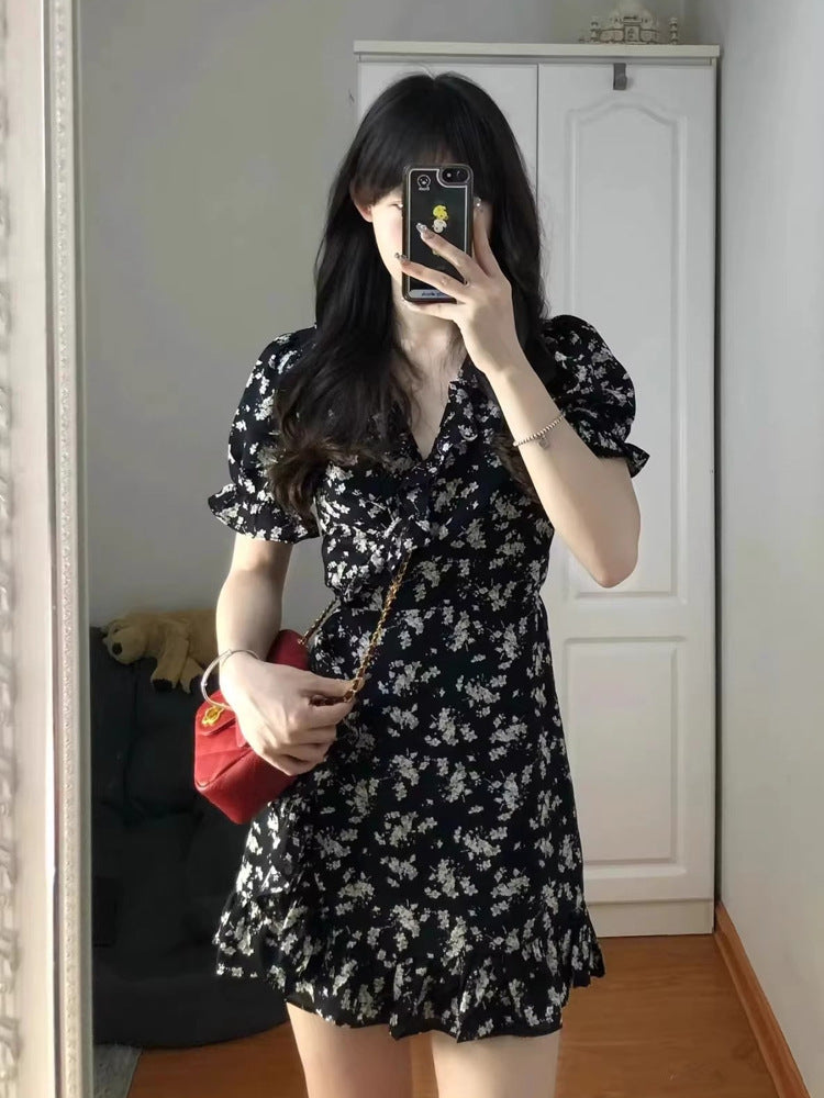 French Floral V Neck Mini Dress Elegant Hepburn Style