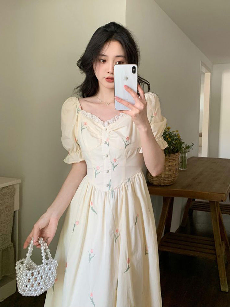 French Square Neck Floral Maxi Dress Elegant Waist Cinching