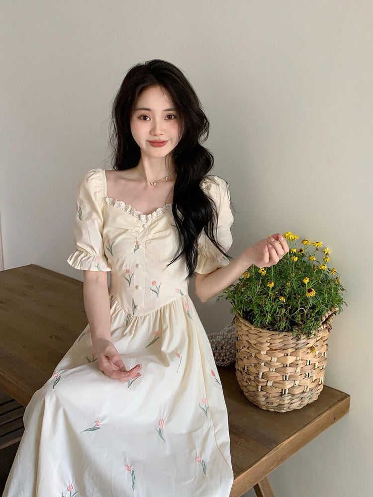 French Square Neck Floral Maxi Dress Elegant Waist Cinching