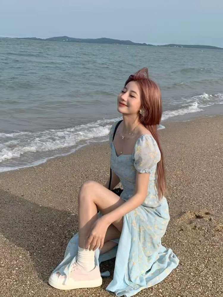French Puff Sleeve Floral Maxi Dress Elegant Beach Vacation