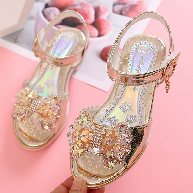Girls Rhinestone Bow Princess Sandals Elegant Dress Shoes