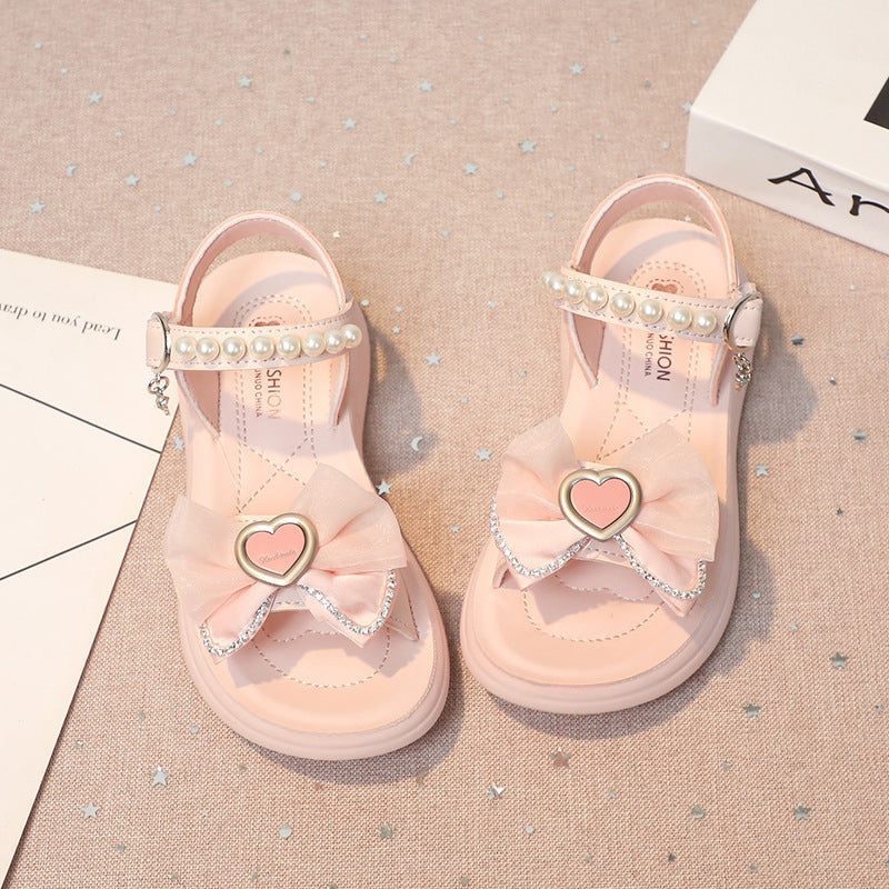 Girls Pearl Bow Princess Sandals Soft Sole Beach Shoes