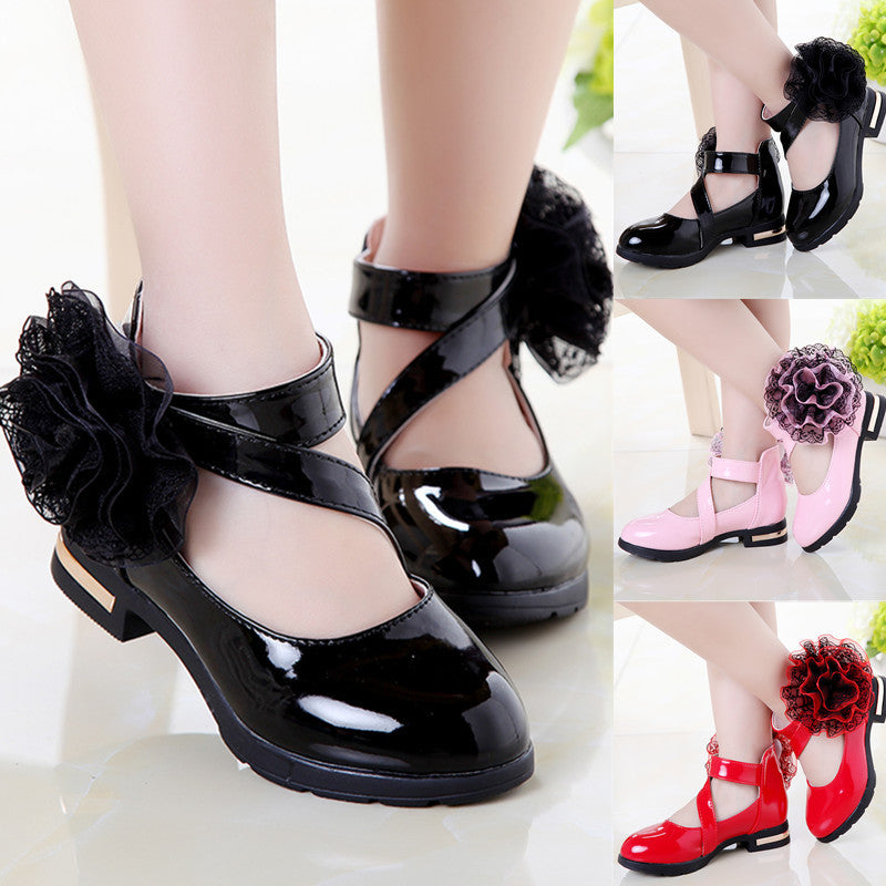 Girls Soft Sole Princess Leather Shoes Black Dress Flats