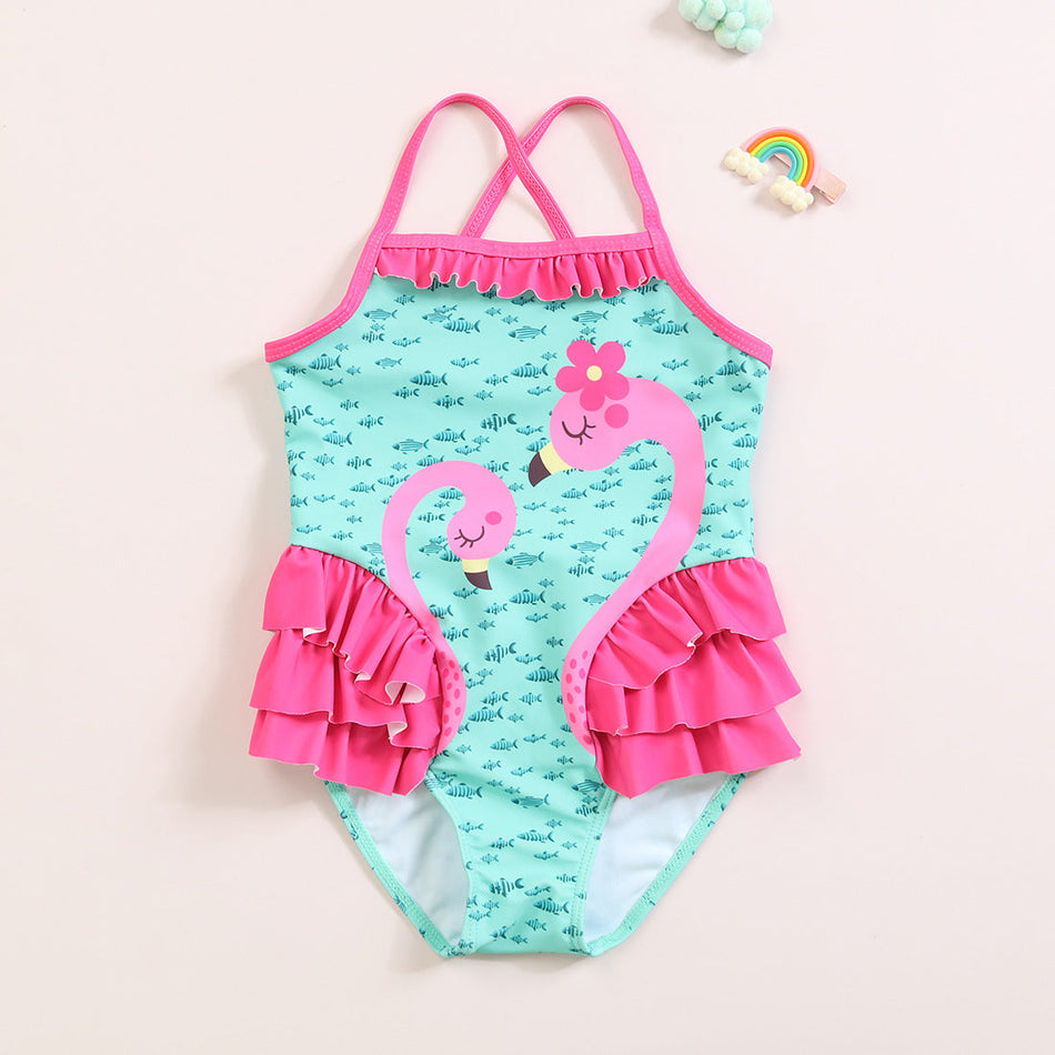 Girls Ruffled Flamingo One Piece Swimsuit