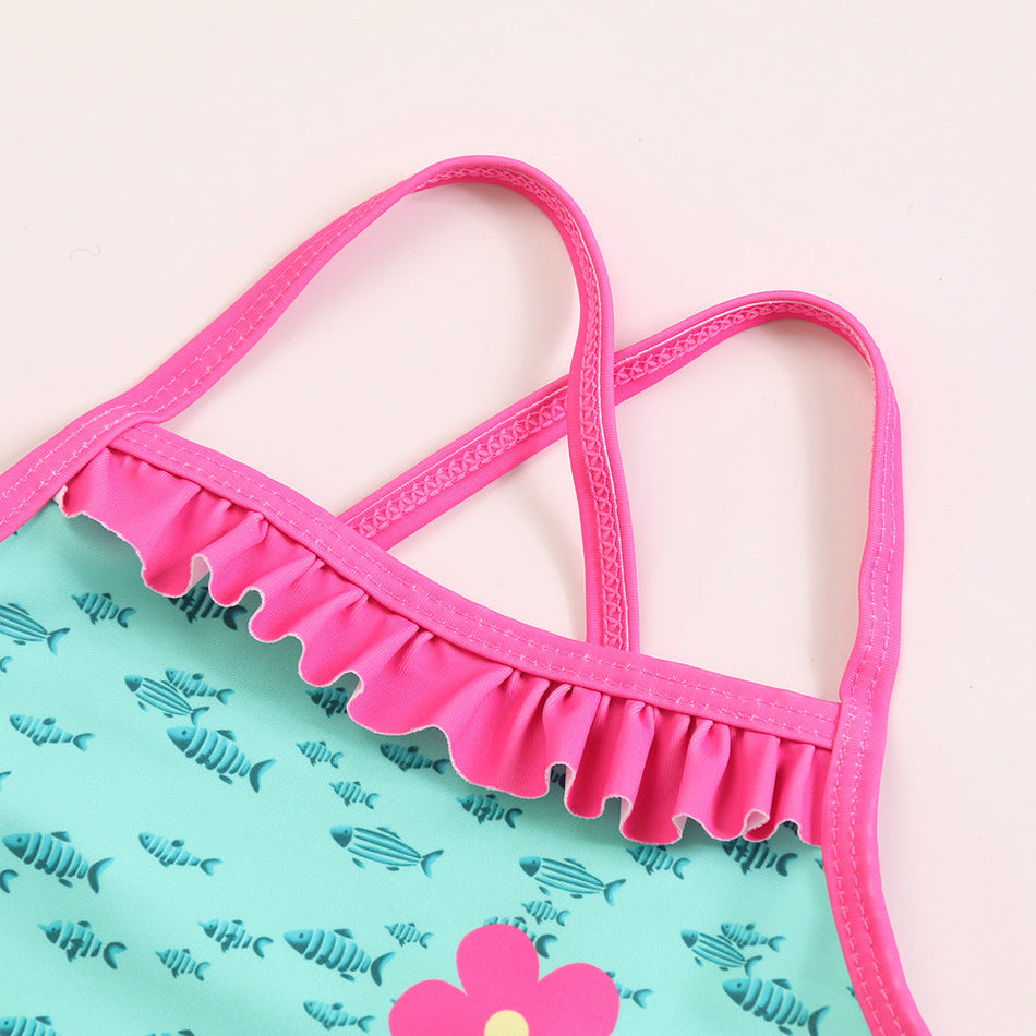 Girls Ruffled Flamingo One Piece Swimsuit