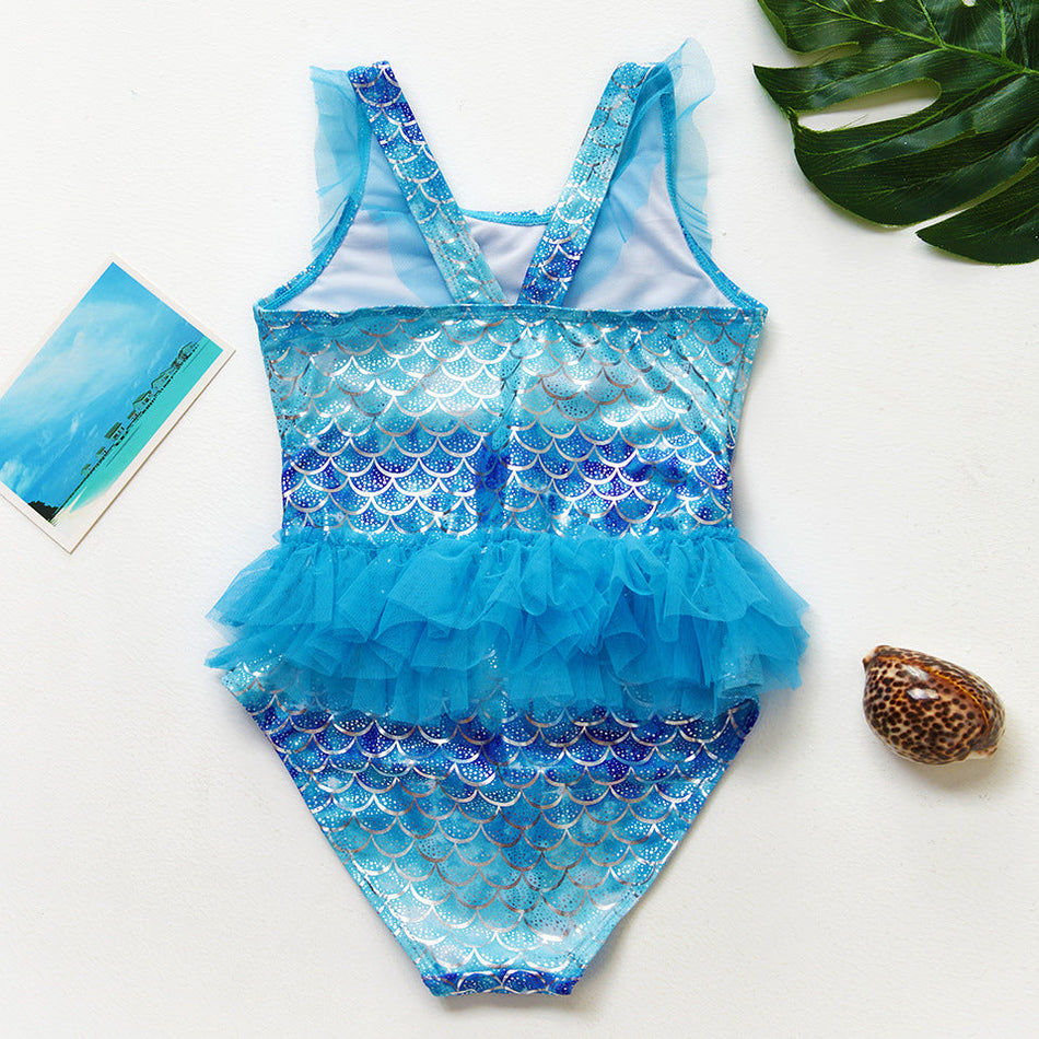 Girls Silver Nylon One Piece Skirt Swimsuit