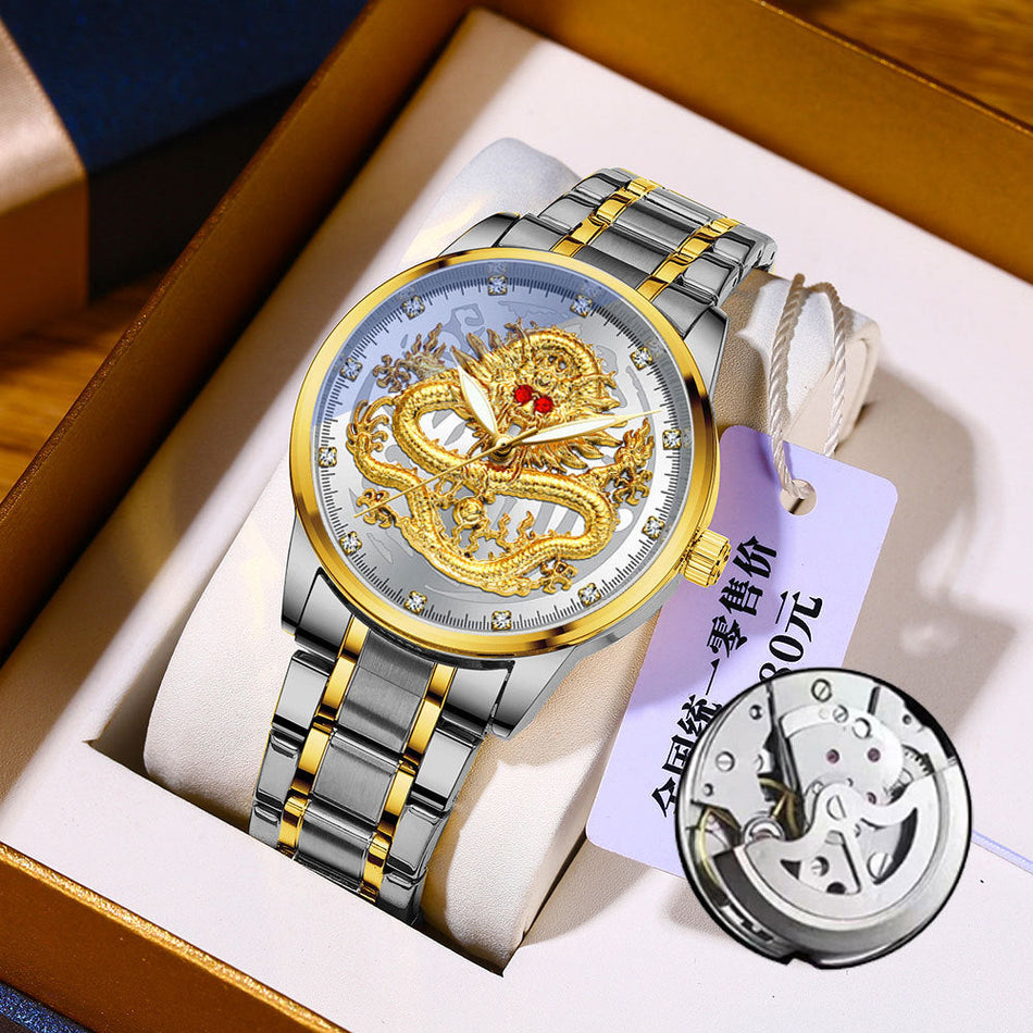 Luxury Men's Golden Dragon Mechanical Watch with Luminous Dial