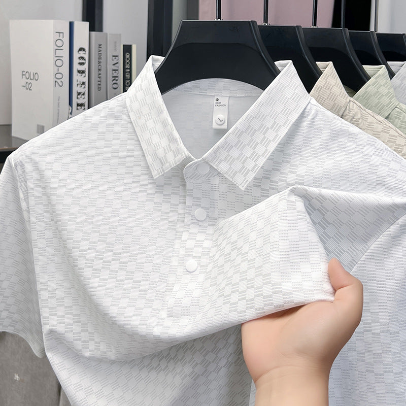 Men's Jacquard Plaid Polo Shirt Breathable Casual Short Sleeve