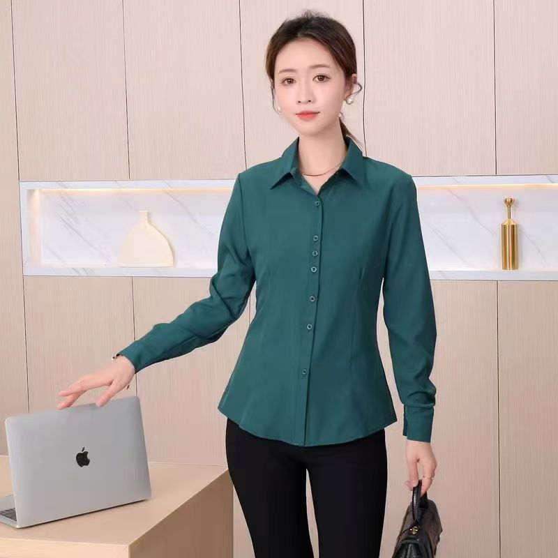 Women's Glossy Long Sleeve Button-Up Office Shirt