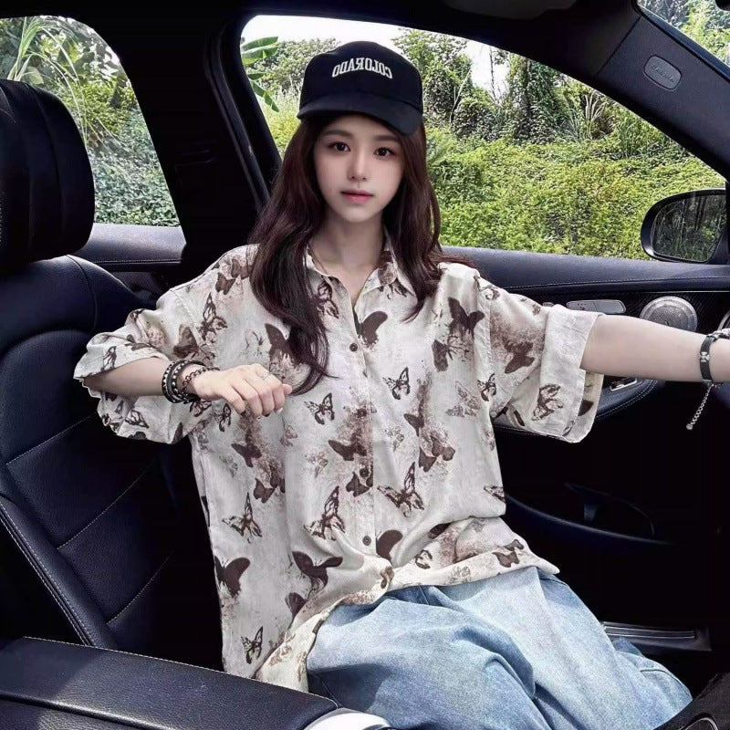 Unisex Butterfly Print Short Sleeve Oversized Shirt