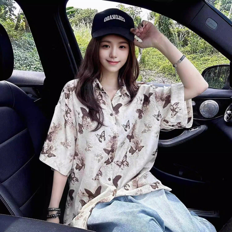 Unisex Butterfly Print Short Sleeve Oversized Shirt