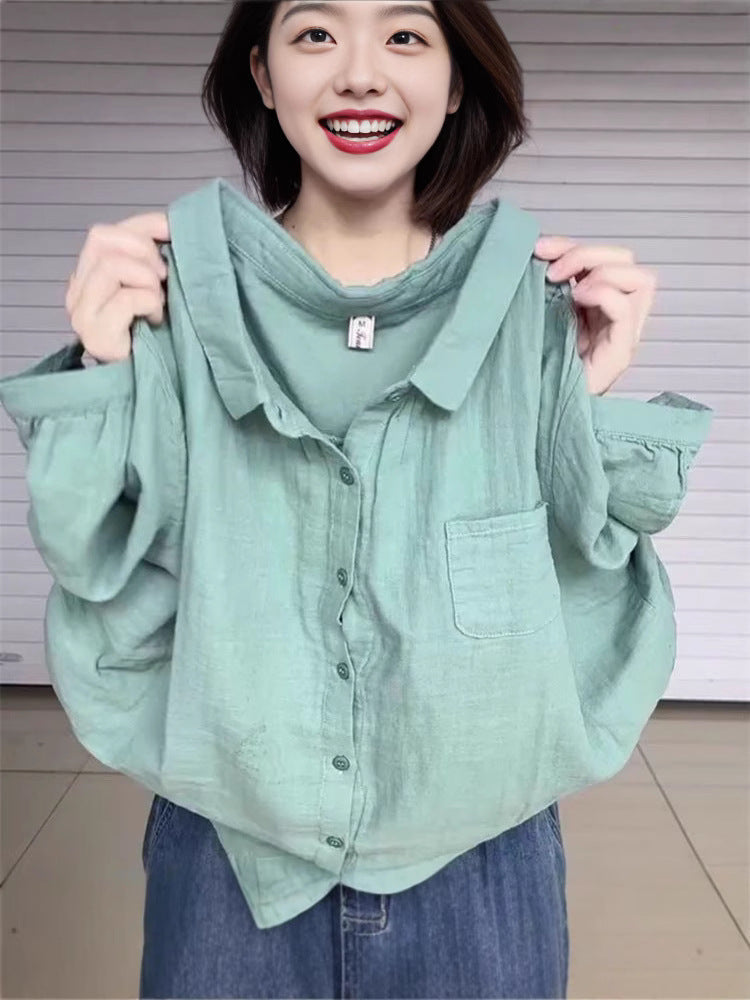 Women's Loose Fit Lapel Shirt with Three-Quarter Sleeves