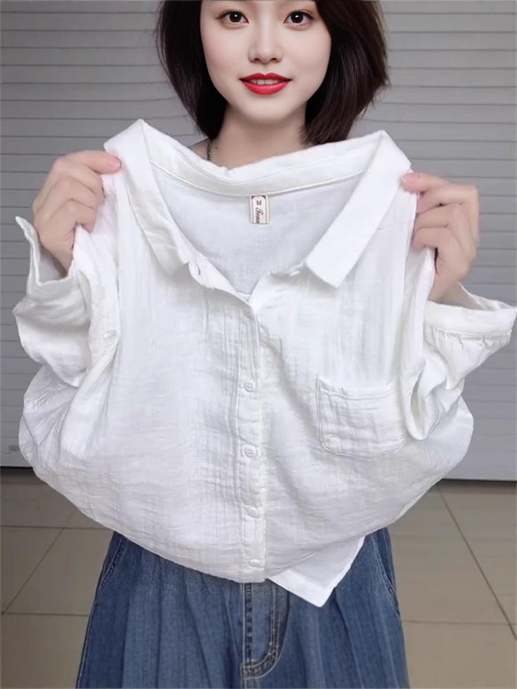 Women's Loose Fit Lapel Shirt with Three-Quarter Sleeves