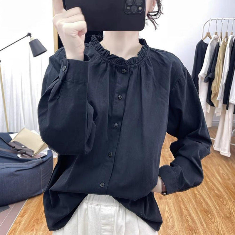 Women's Ruffle Collar Long Sleeve Striped Shirt