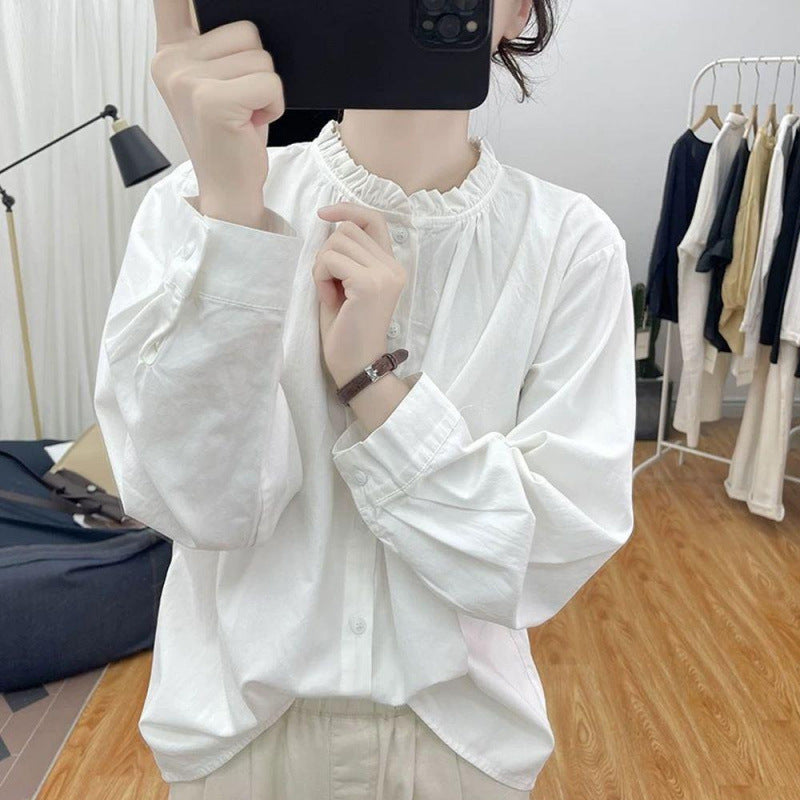 Women's Ruffle Collar Long Sleeve Striped Shirt