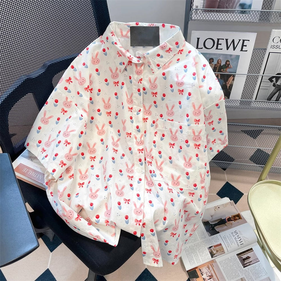 Women's Sweet Animal Print Short Sleeve Loose Shirt