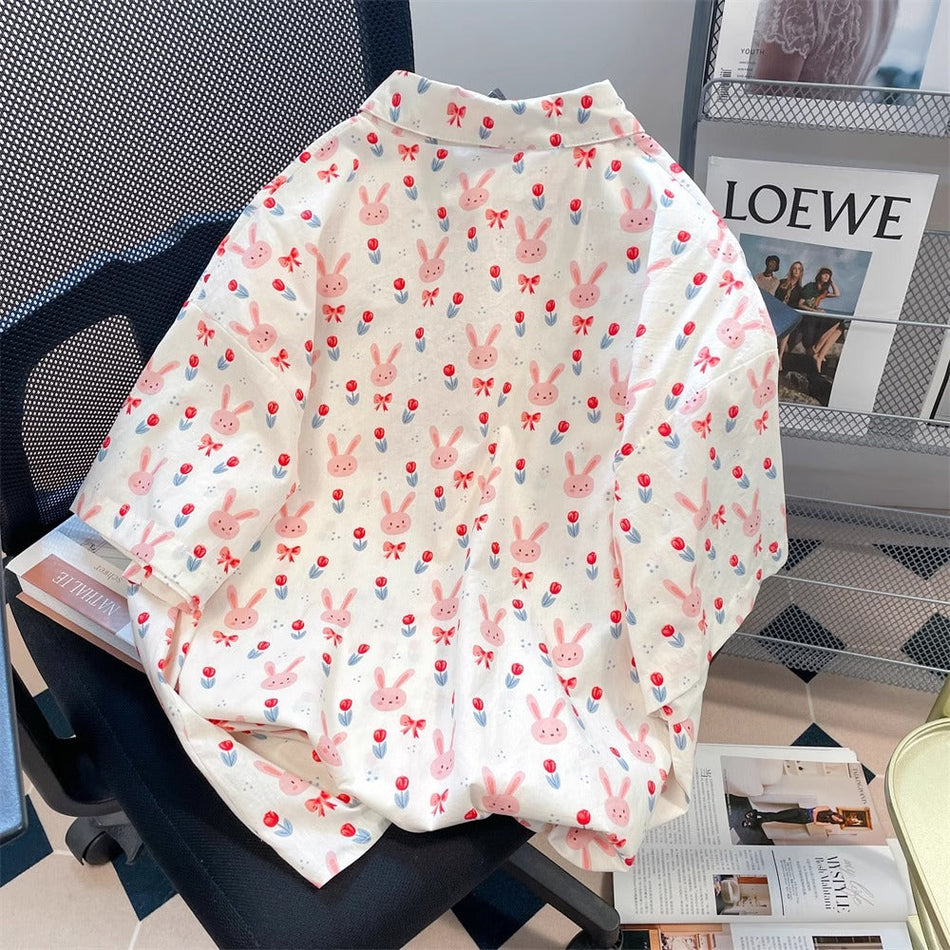 Women's Sweet Animal Print Short Sleeve Loose Shirt
