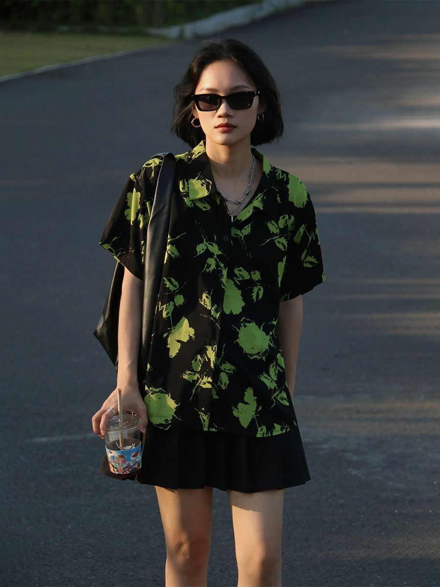 Women's Retro Tie-Dye Short Sleeve Casual Button-Up Shirt