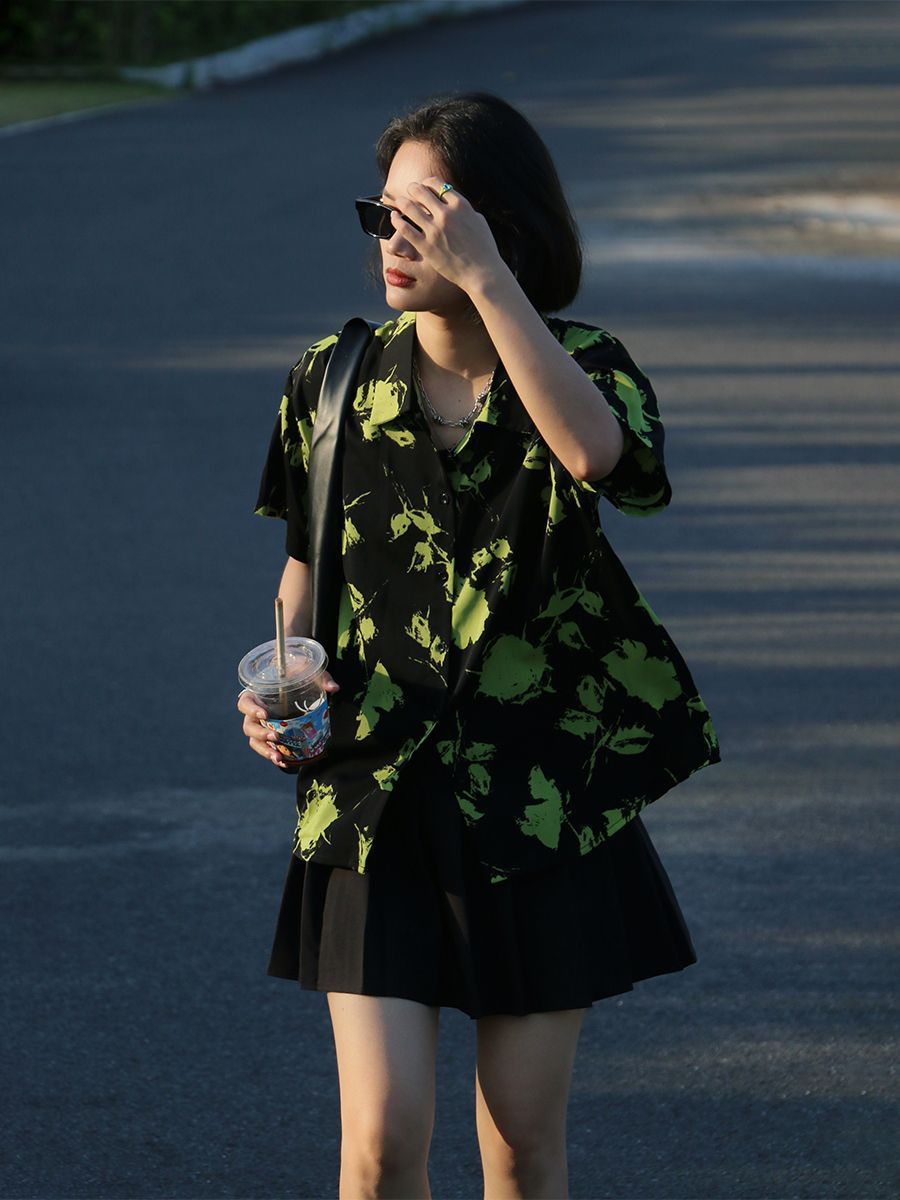 Women's Retro Tie-Dye Short Sleeve Casual Button-Up Shirt