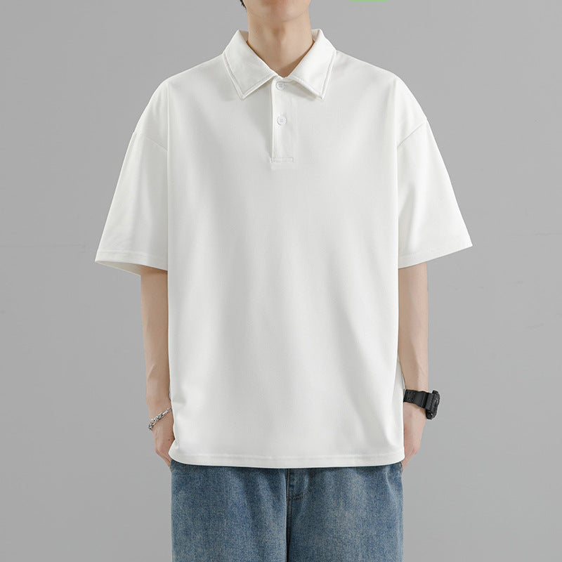 Men's Solid Color Polo Shirt Short Sleeve Loose Fit Casual Tee