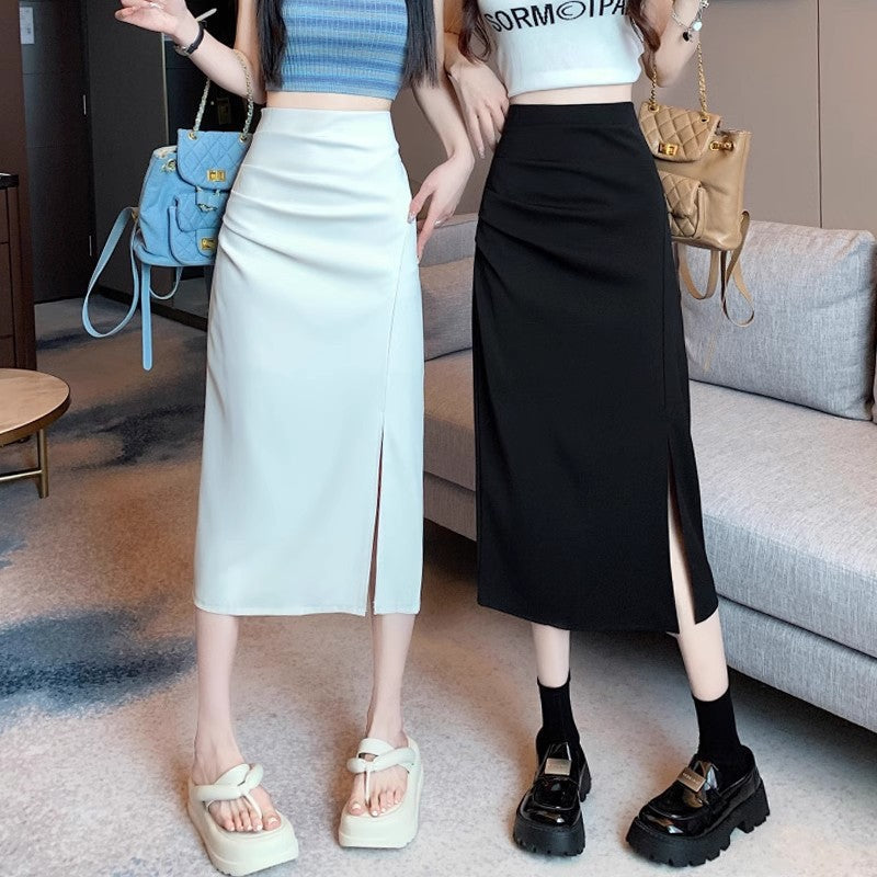 Women's High Waist Pleated A-Line Midi Skirt with Slit