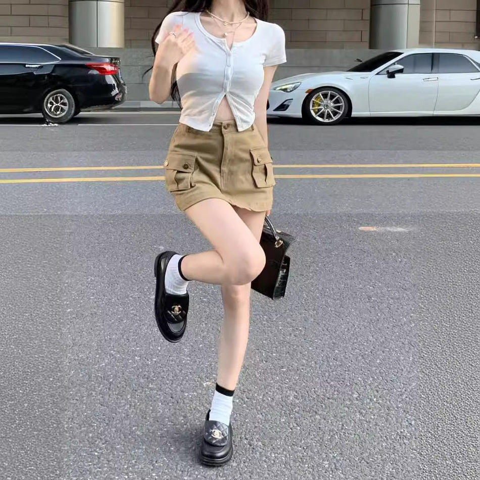 Women's Khaki High Waist Utility A-Line Mini Skirt