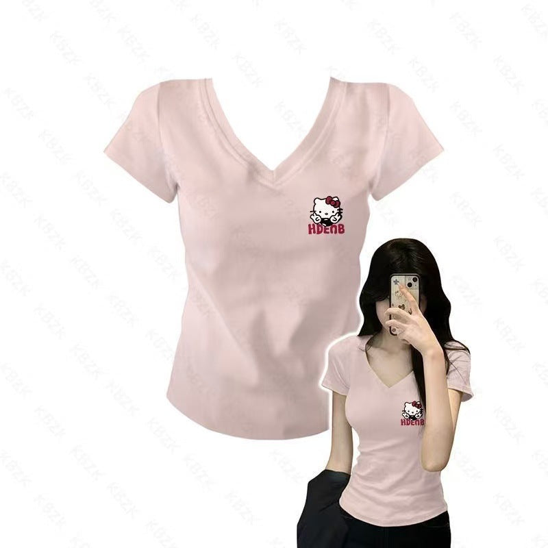 Women's V-Neck Printed Cotton Slim Fit T-Shirt