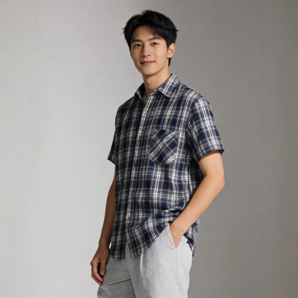 Men's Japanese Retro Plaid Short Sleeve Casual Shirt