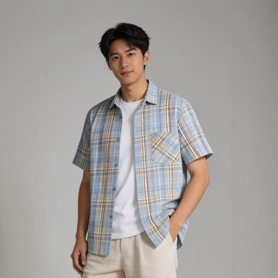 Men's Japanese Retro Plaid Short Sleeve Casual Shirt