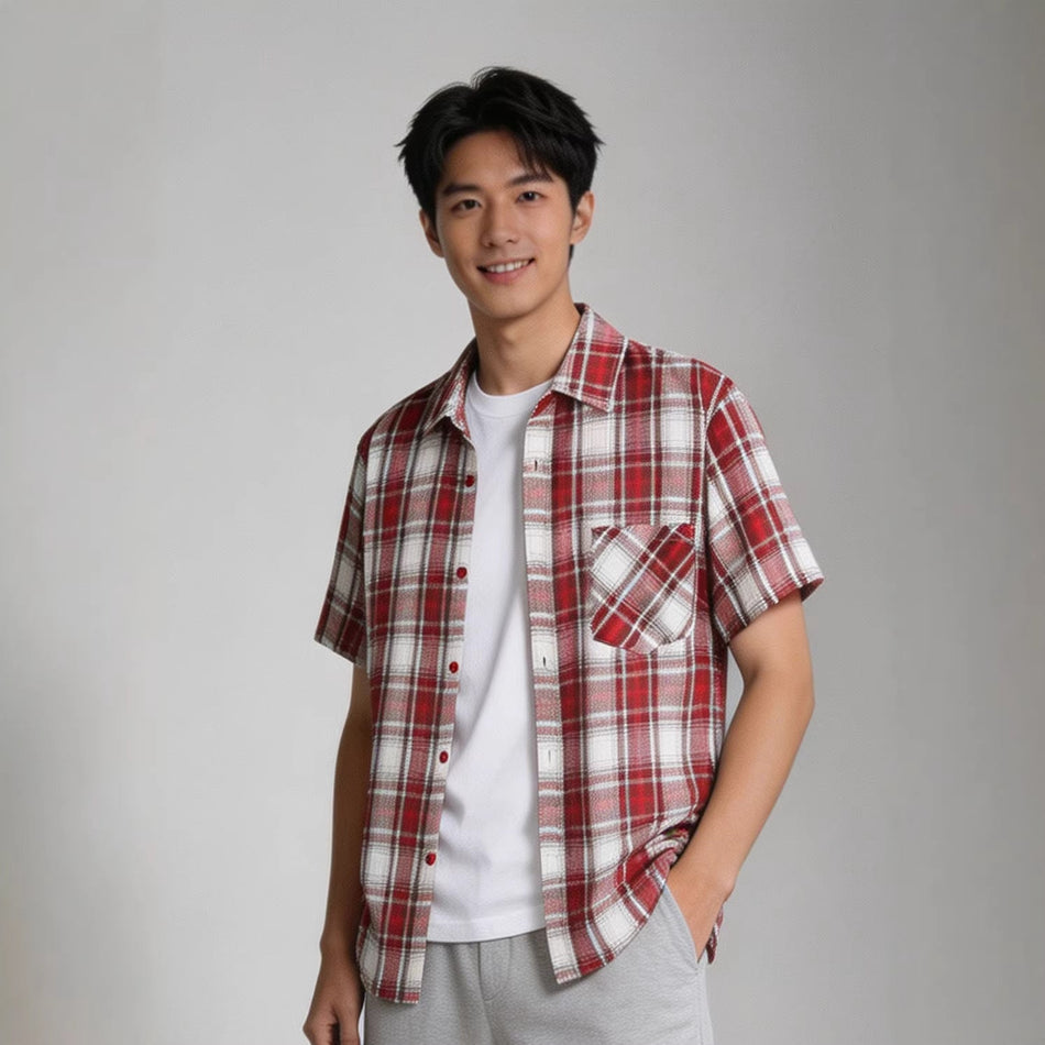 Men's Japanese Retro Plaid Short Sleeve Casual Shirt Jacket