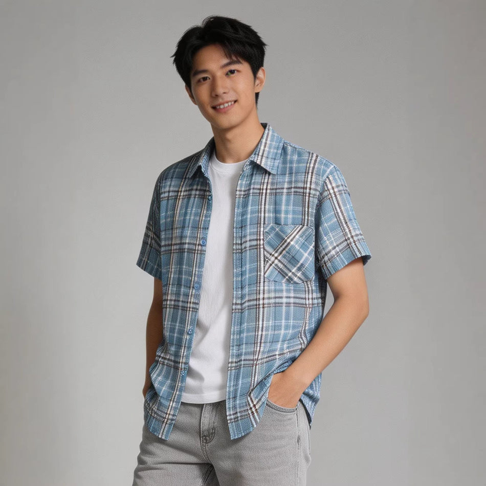 Men's Japanese Retro Plaid Short Sleeve Casual Shirt Jacket