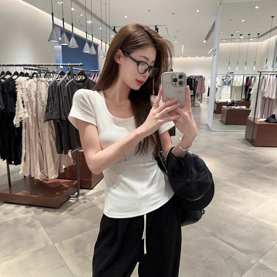 Women's U-Neck Short Sleeve Slim Fit Solid Color Basic Tee Top