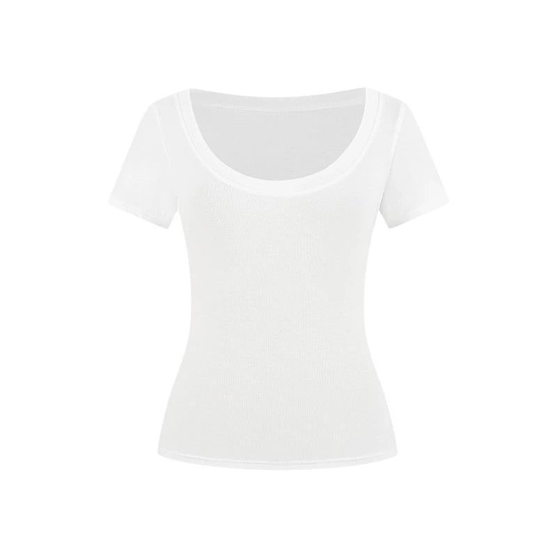 Women's U-Neck Short Sleeve Slim Fit Solid Color Basic Tee Top
