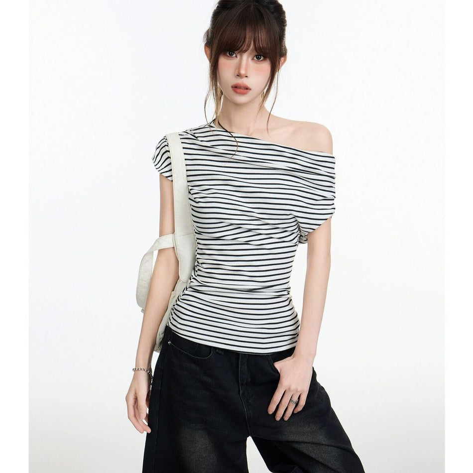 Women's Off-Shoulder Striped Slim Fit Short Sleeve T-Shirt