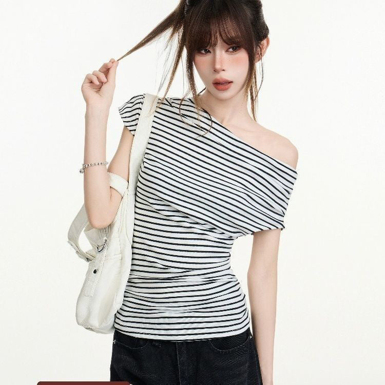 Women's Off-Shoulder Striped Slim Fit Short Sleeve T-Shirt
