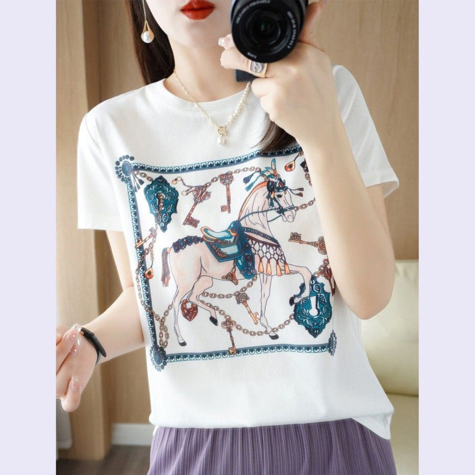 Women's Printed Spliced Short Sleeve Crew Neck T-Shirt