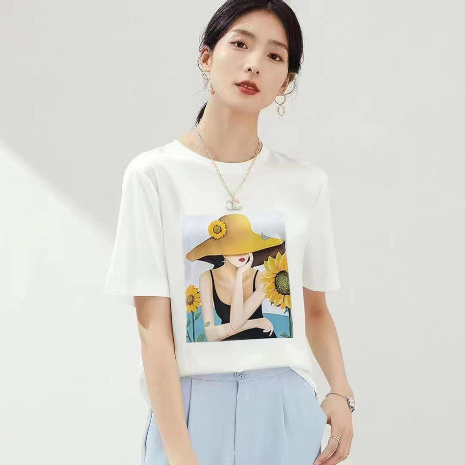 Women's Printed Spliced Short Sleeve Crew Neck T-Shirt