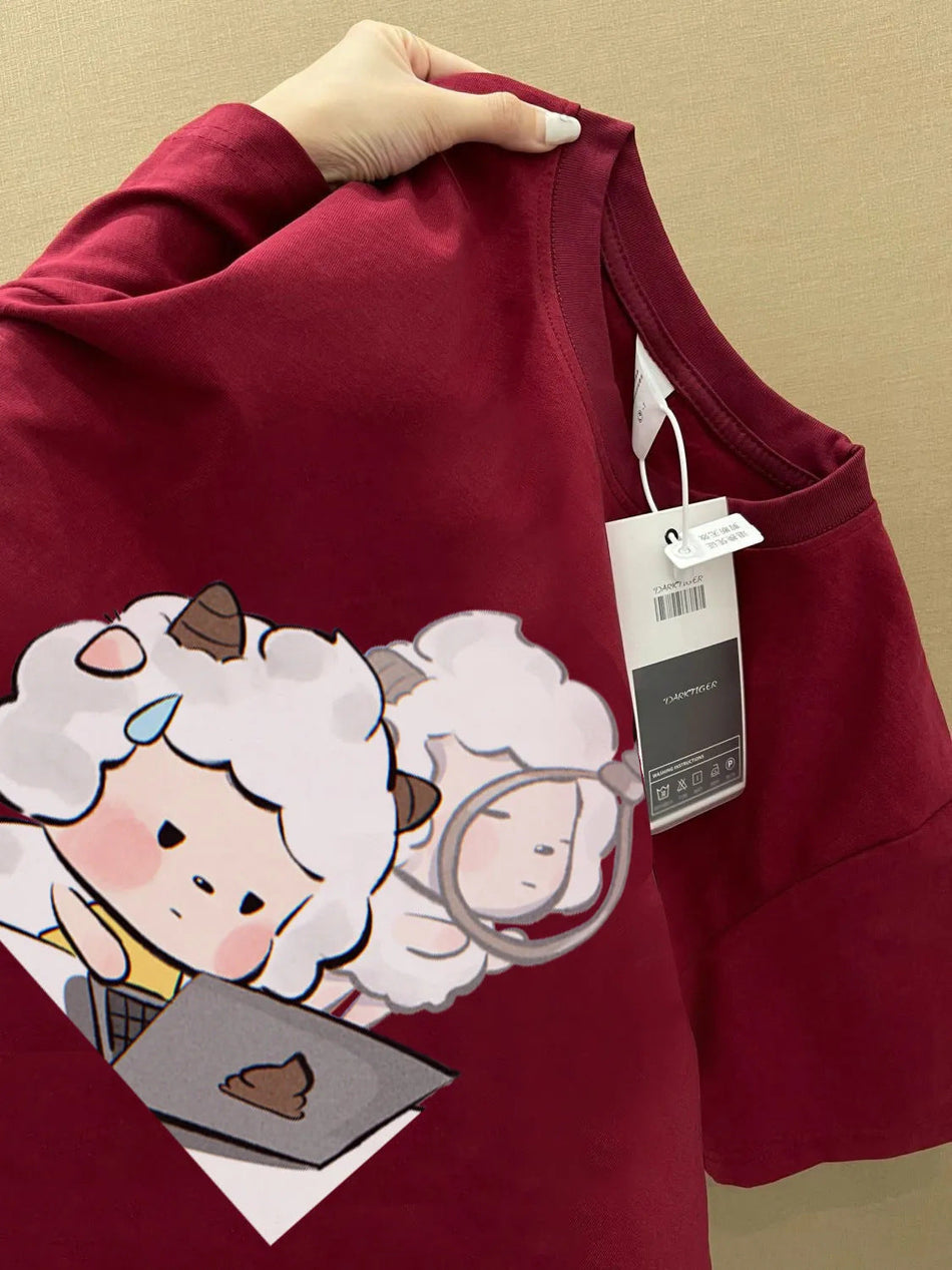 Women's Heavy Cotton Oversized Cartoon Print T-Shirt