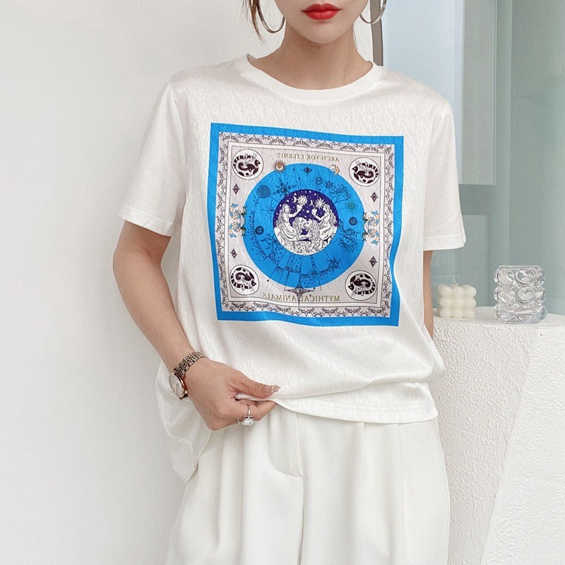 Women's Satin Finish Printed Short Sleeve T-Shirt